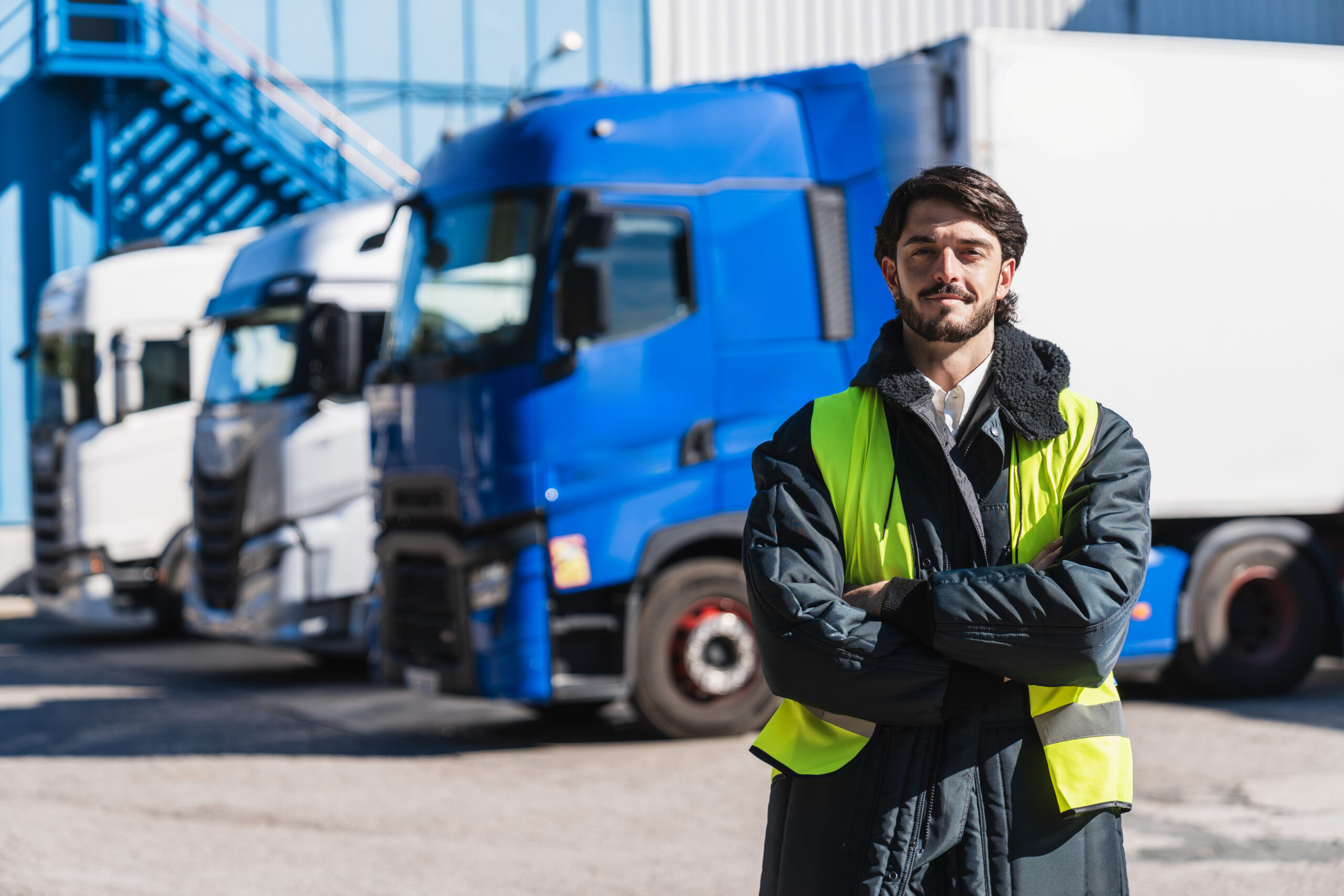 Professional truck driver in protective uniform standing confidently in front of semi trucks at a cold storage warehouse